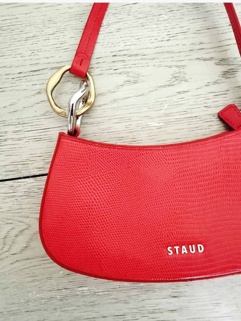 STAUD Ollie Coral-Red Shoulder Bag with Mixed Metal Hardware - Picture 8 of 9